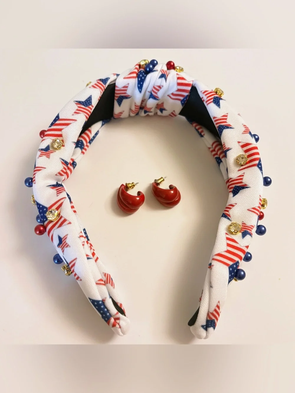 Patriotic Star Print Padded Headband w/Red Loop Earrings - NWOT
